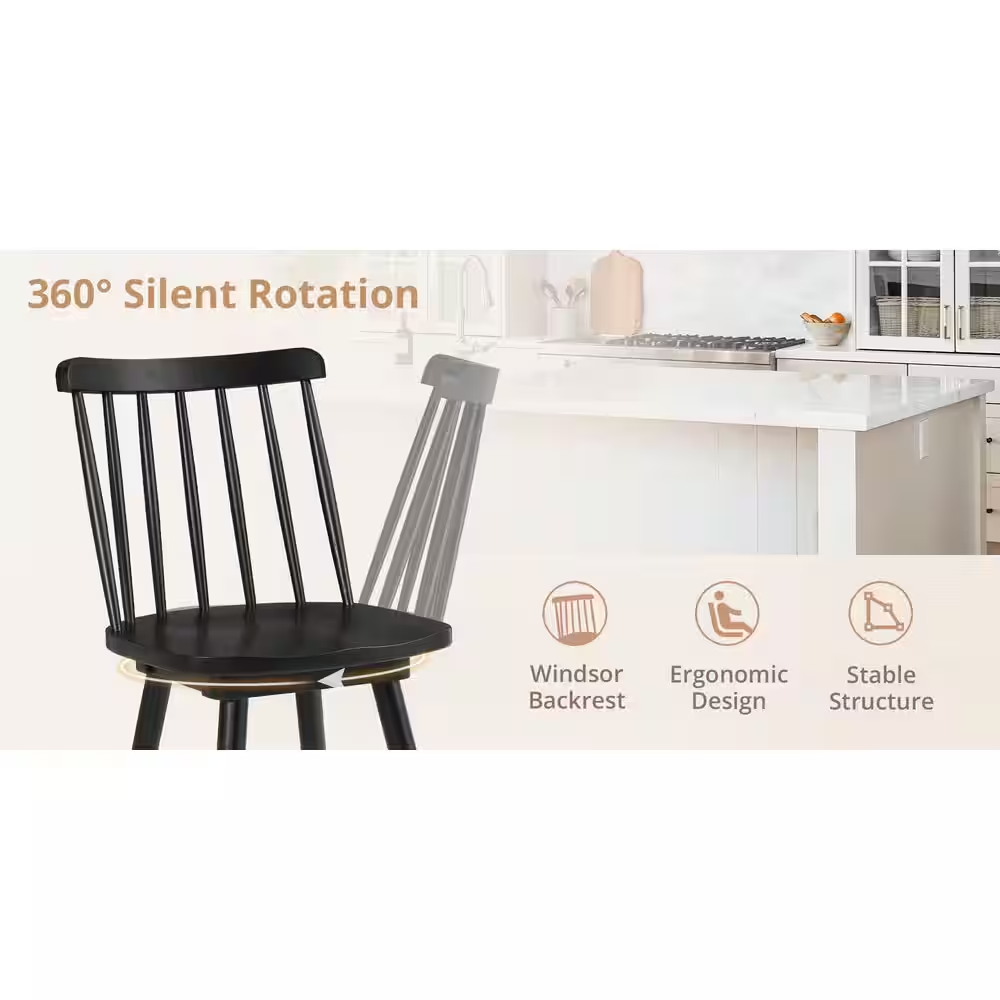 Windsor 24 In. Black Swivel Counter Stools Solid Wood Counter Height Bar Stools 