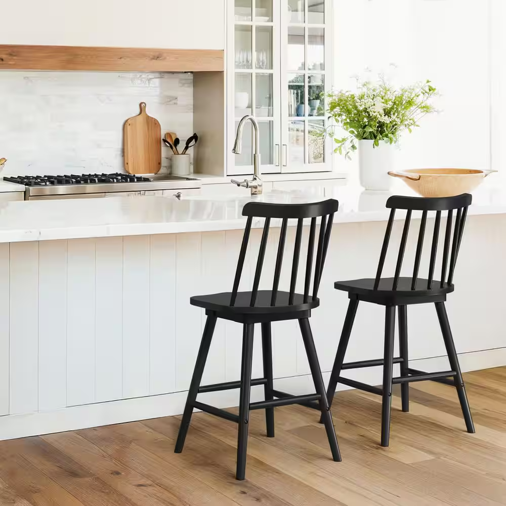 Windsor 24 In. Black Swivel Counter Stools Solid Wood Counter Height Bar Stools 