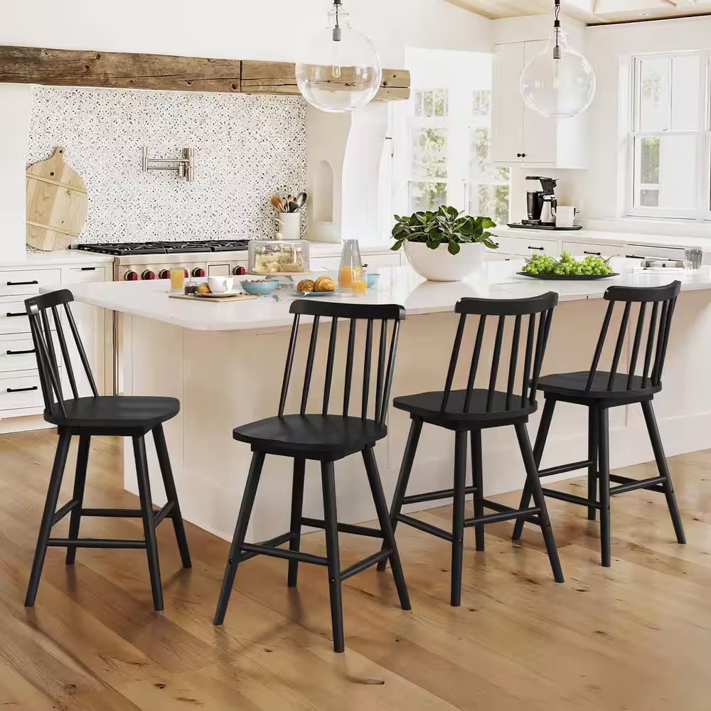 Windsor 24 In. Black Swivel Counter Stools Solid Wood Counter Height Bar Stools 