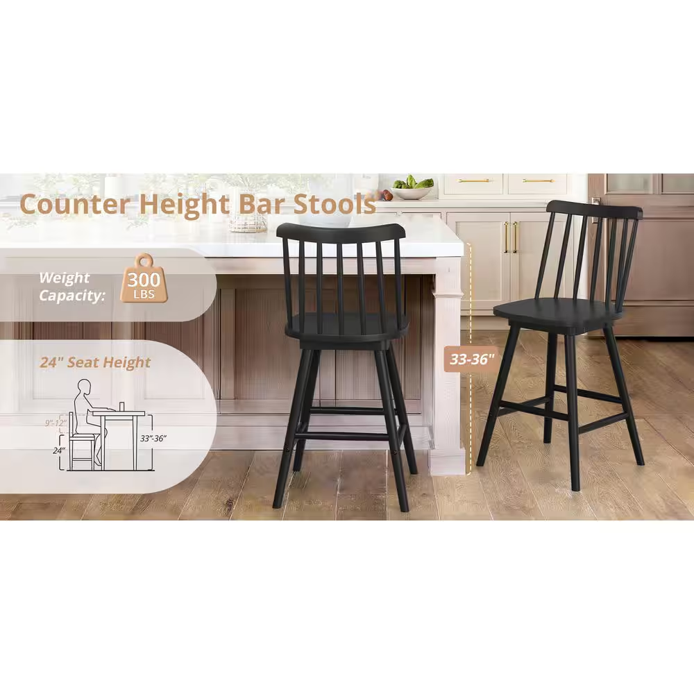 Windsor 24 In. Black Swivel Counter Stools Solid Wood Counter Height Bar Stools 