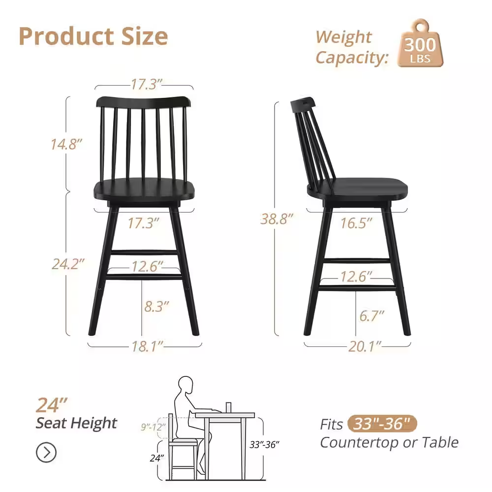 Windsor 24 In. Black Swivel Counter Stools Solid Wood Counter Height Bar Stools 