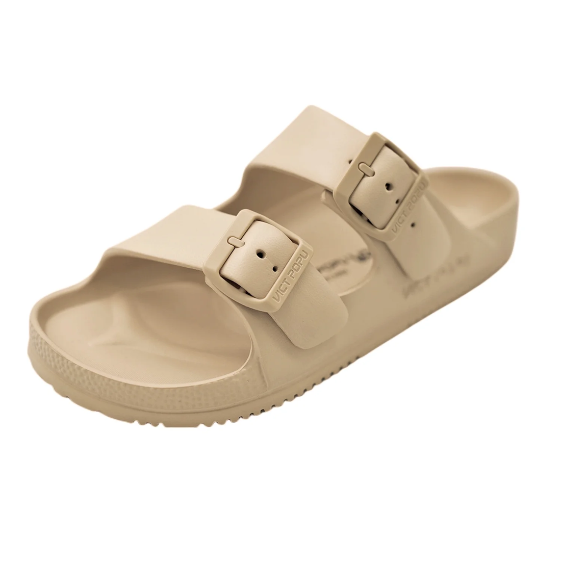 Womens Sandals Adjustable Double Buckle Strap Waterproof EVA Flat Slides，Khaki,S