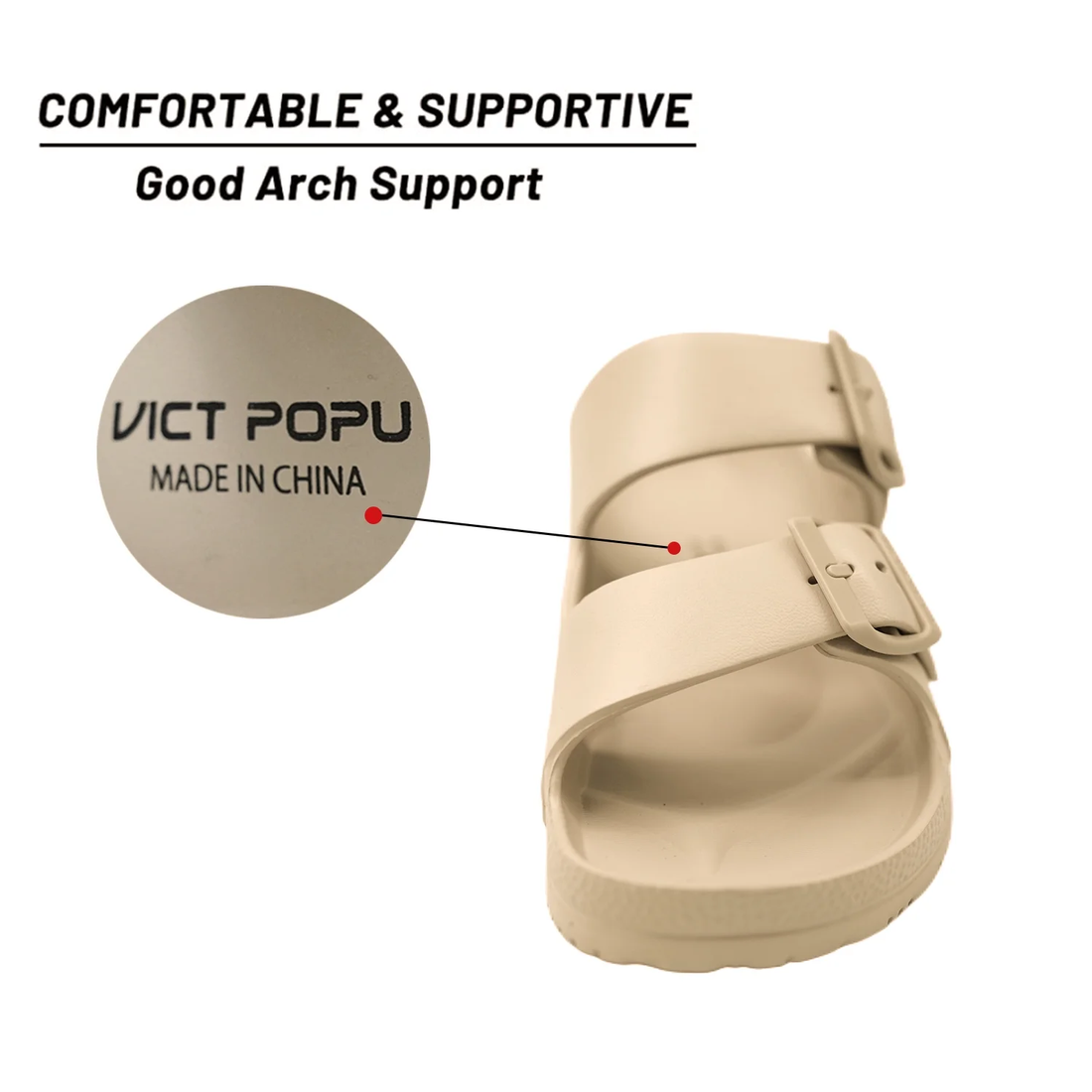Womens Sandals Adjustable Double Buckle Strap Waterproof EVA Flat Slides，Khaki,S