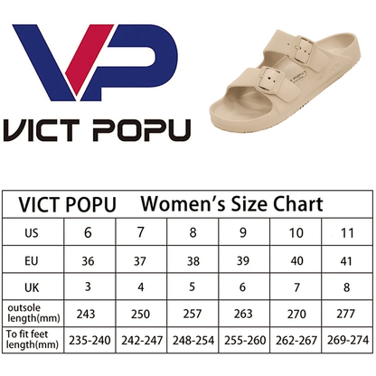 Womens Sandals Adjustable Double Buckle Strap Waterproof EVA Flat Slides，Khaki,S