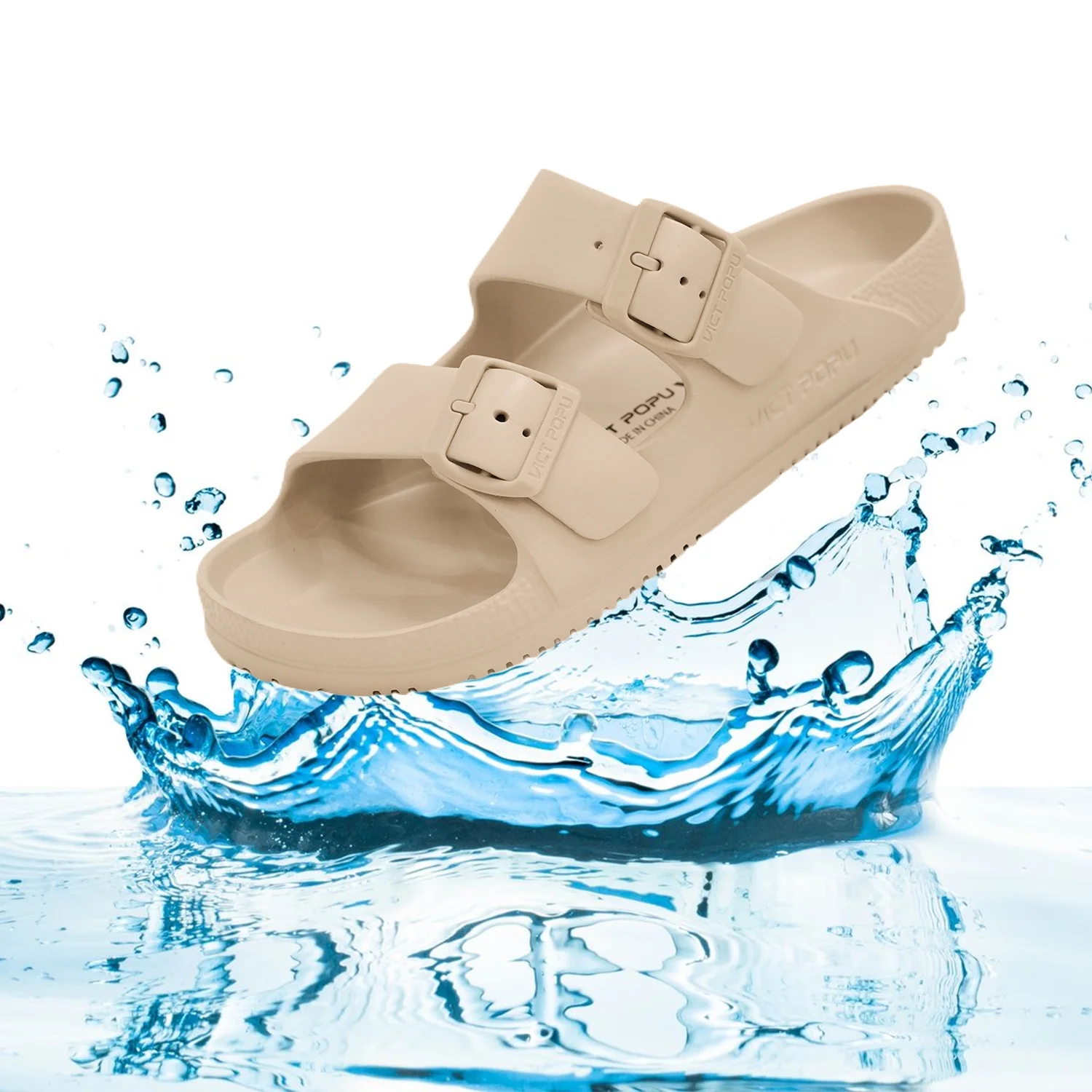 Womens Sandals Adjustable Double Buckle Strap Waterproof EVA Flat Slides，Khaki,S