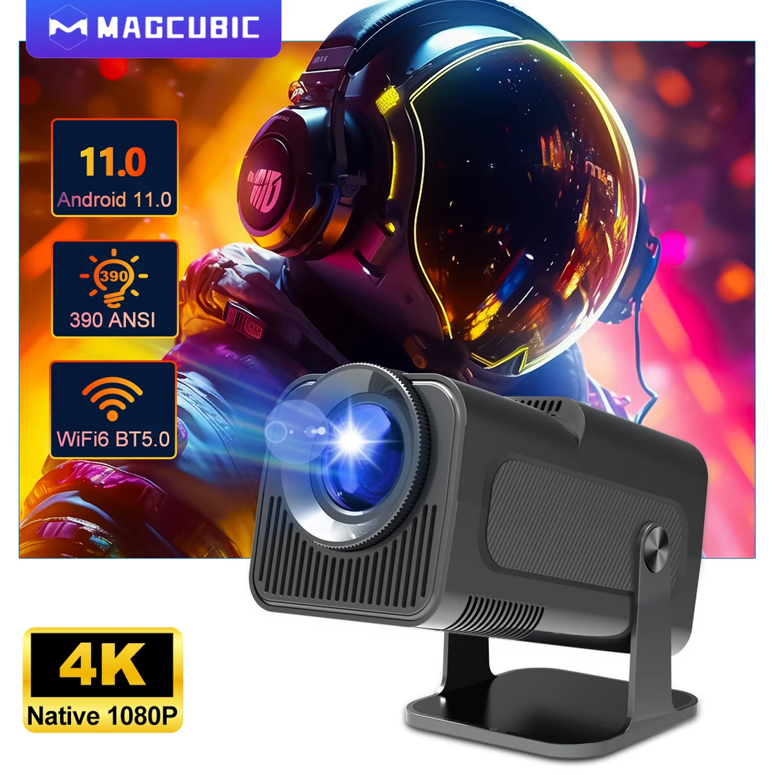 4K Android 11 Projector, 1080P, 390ANSI, Dual WiFi 6, BT 5.0, Portable HY320
