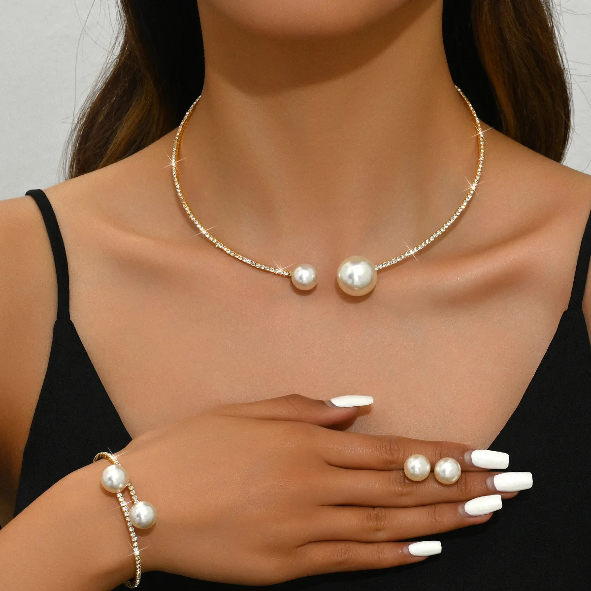 Trendy Full Crystal Jewelry Set Minimalist Pearl Necklace Bracelet Earring Set W