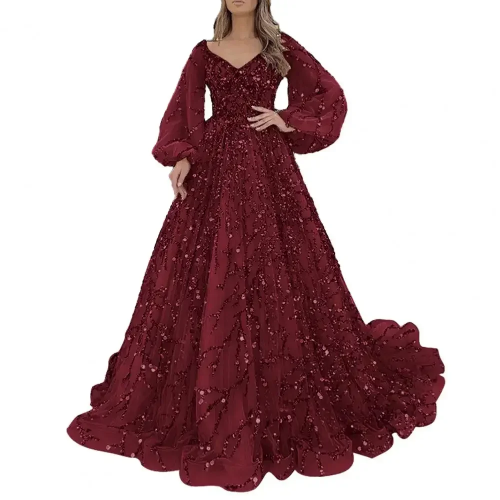 BWQ Vinatge Evening Party Long Dresses Sequin Women A-Line Princess Dress Lanter