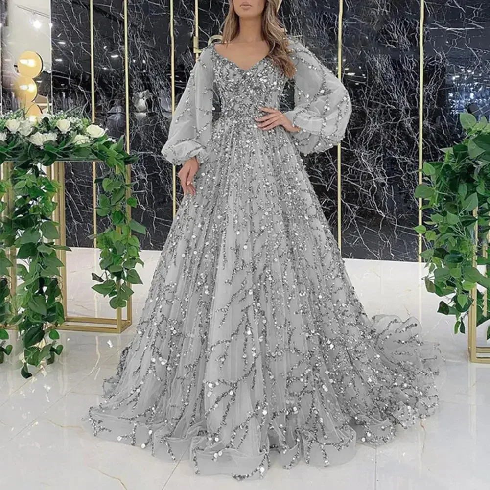 BWQ Vinatge Evening Party Long Dresses Sequin Women A-Line Princess Dress Lanter