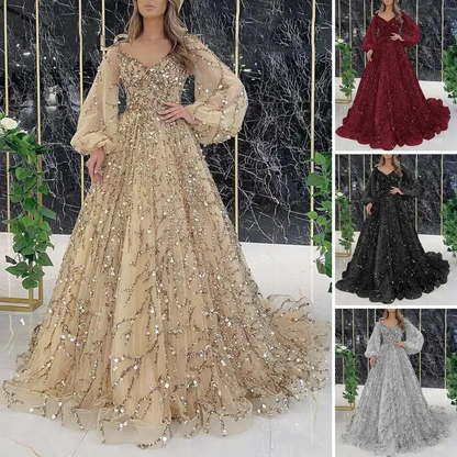 BWQ Vinatge Evening Party Long Dresses Sequin Women A-Line Princess Dress Lanter