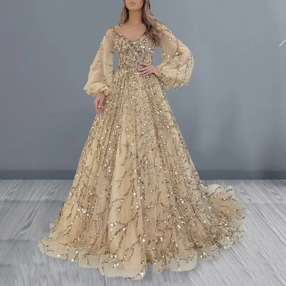 BWQ Vinatge Evening Party Long Dresses Sequin Women A-Line Princess Dress Lanter