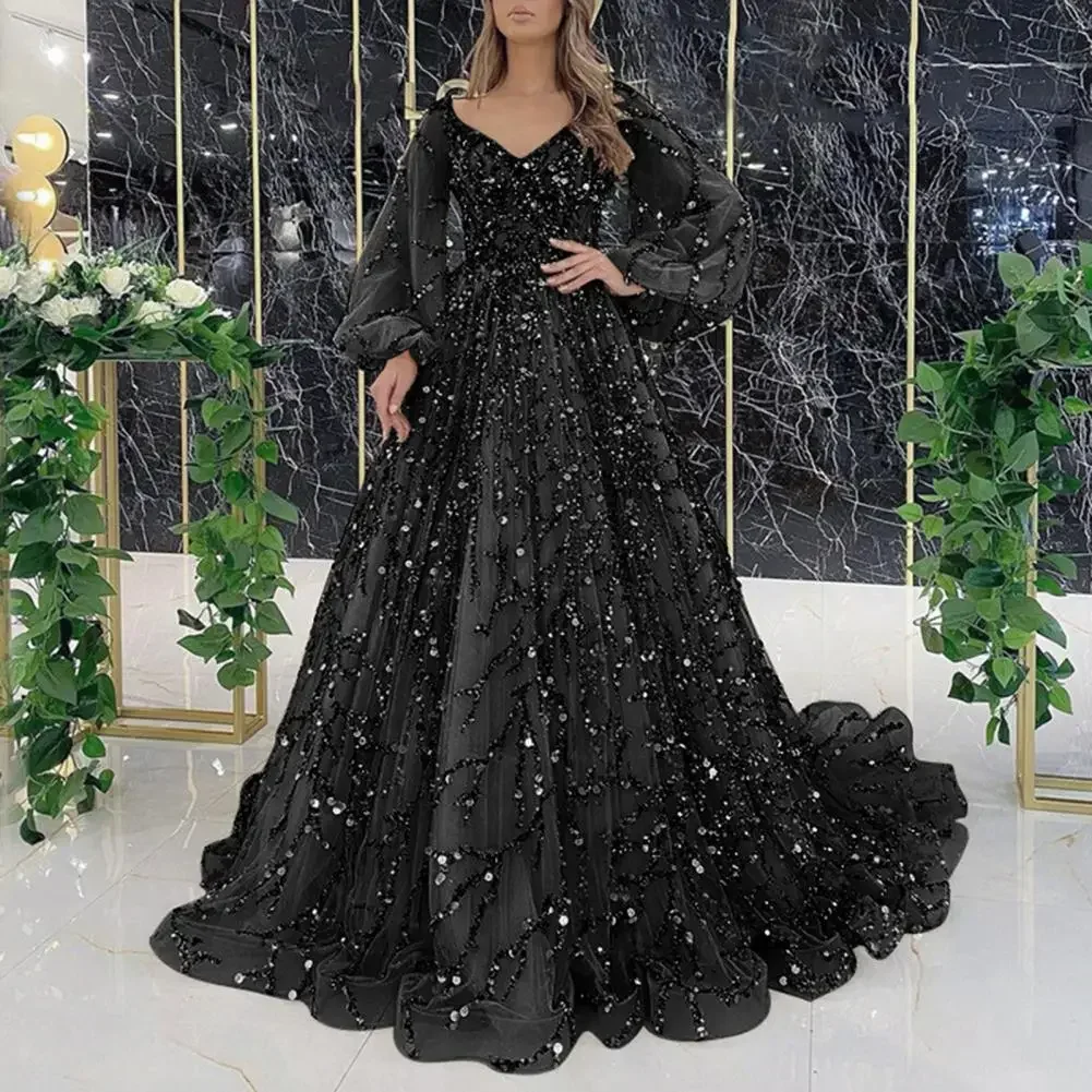 BWQ Vinatge Evening Party Long Dresses Sequin Women A-Line Princess Dress Lanter