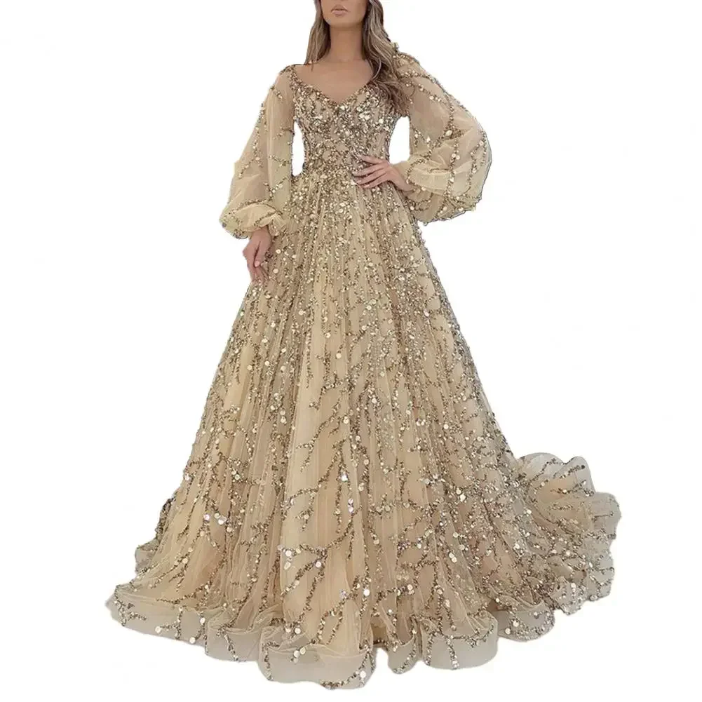 BWQ Vinatge Evening Party Long Dresses Sequin Women A-Line Princess Dress Lanter