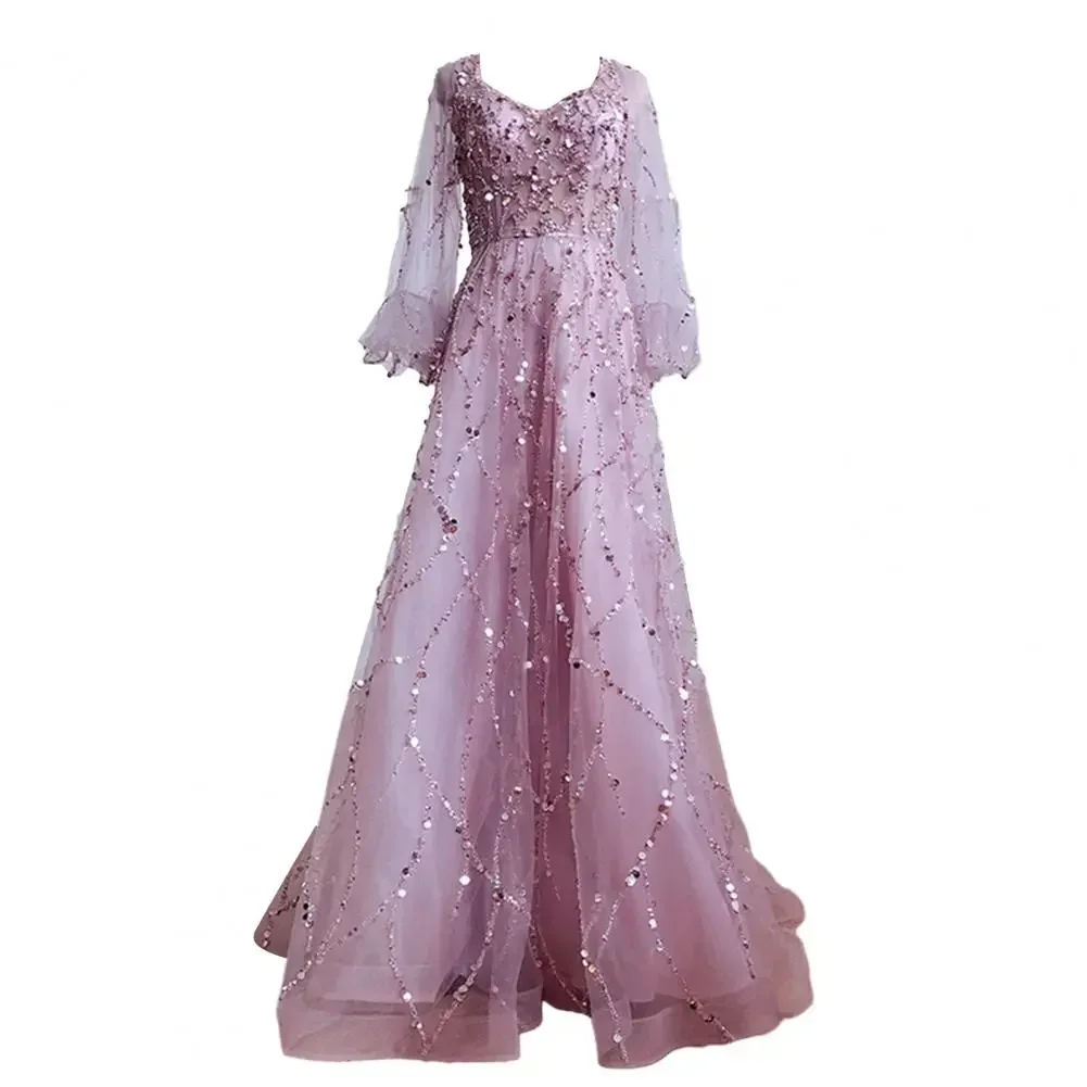BWQ Vinatge Evening Party Long Dresses Sequin Women A-Line Princess Dress Lanter