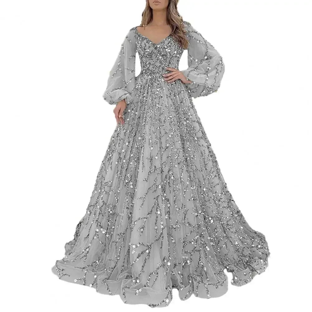 BWQ Vinatge Evening Party Long Dresses Sequin Women A-Line Princess Dress Lanter