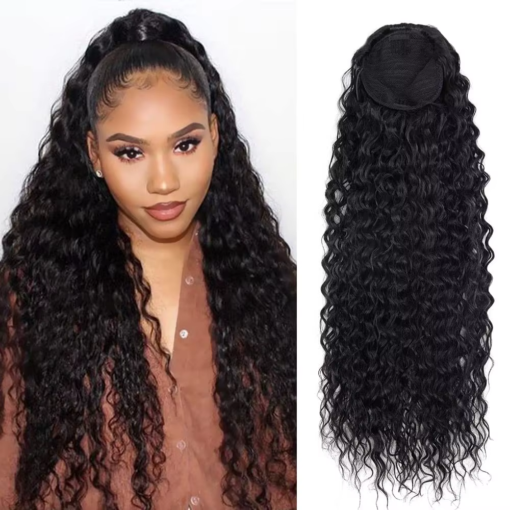 24 Inch Curly Ponytail Extensions Synthetic Deep Wave Drawstring Ponytail for Bl