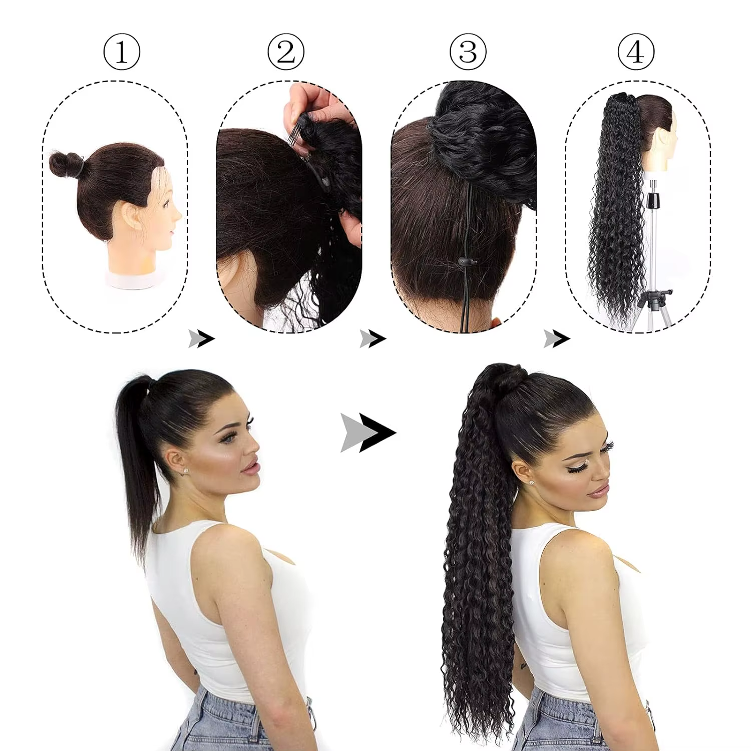 24 Inch Curly Ponytail Extensions Synthetic Deep Wave Drawstring Ponytail for Bl