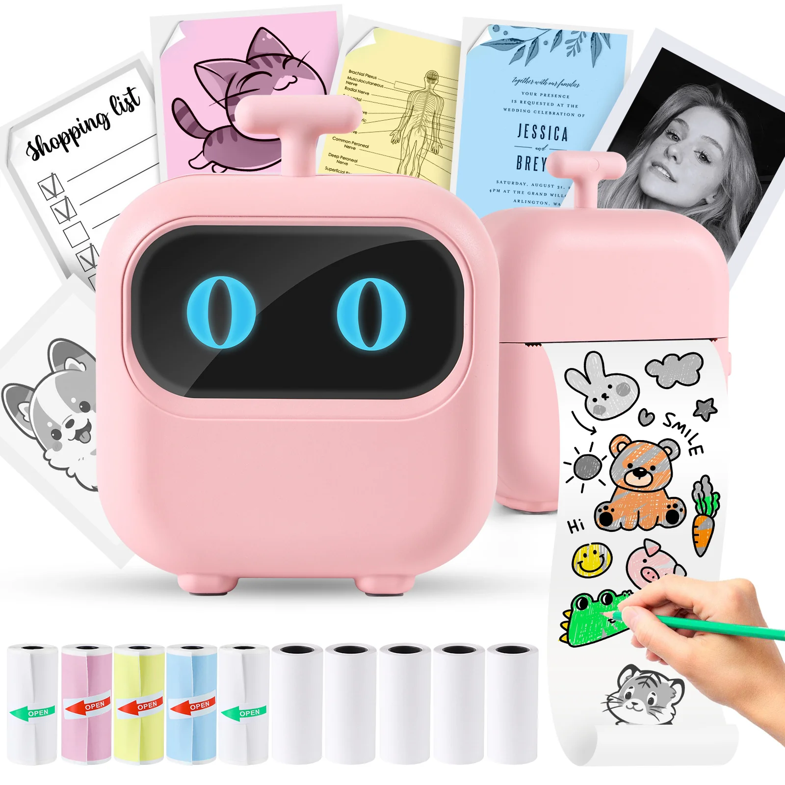 Thermal Mini Printer with Thermal Paper and Stickers, Bluetooth Portable Pocket.
