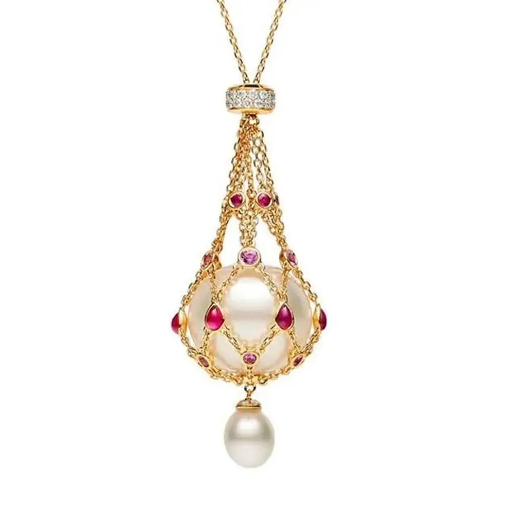 Elegant Pearl Lavalier Pendant Necklace with Metal Braided Mesh Design