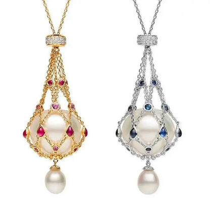 Elegant Pearl Lavalier Pendant Necklace with Metal Braided Mesh Design