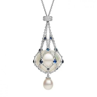 Elegant Pearl Lavalier Pendant Necklace with Metal Braided Mesh Design