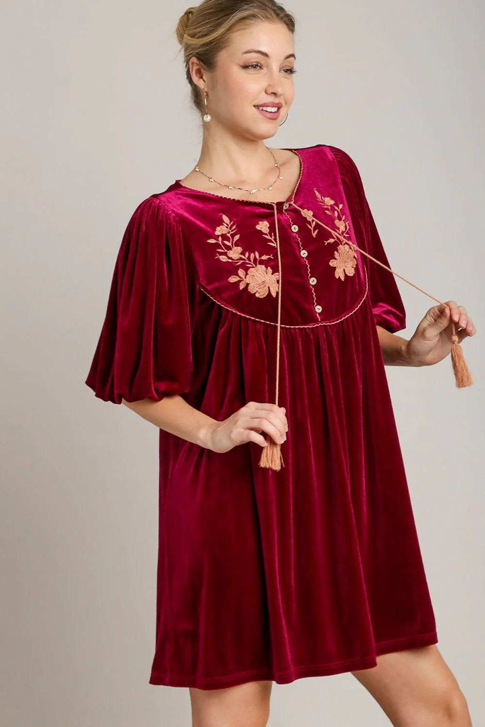 Embroidered Velvet Mini Dress with Tassels and Half Sleeves by Umgee