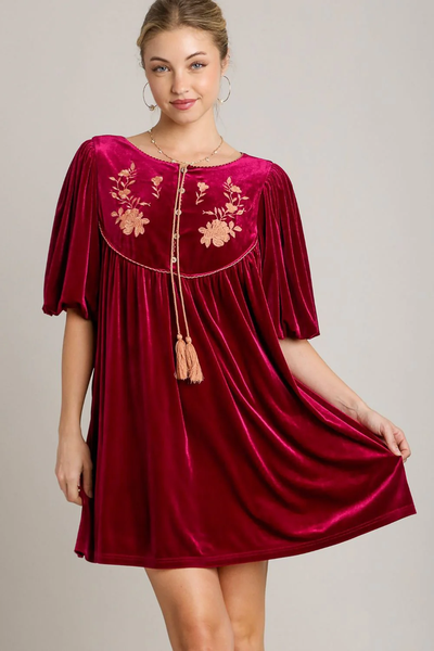 Embroidered Velvet Mini Dress with Tassels and Half Sleeves by Umgee