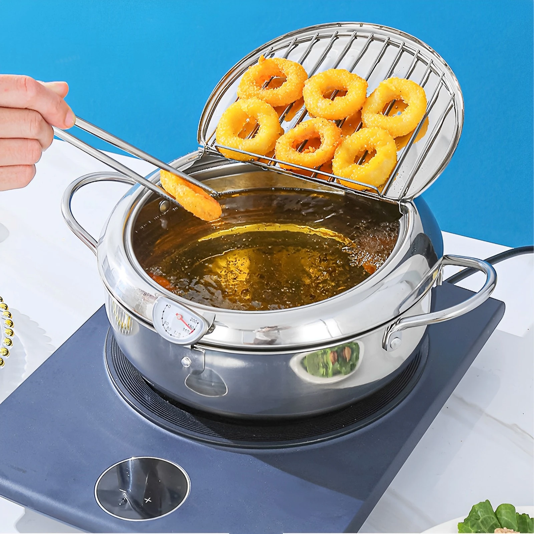 Stainless Steel Deep Fryer Pot with Strainer Basket and Thermometer