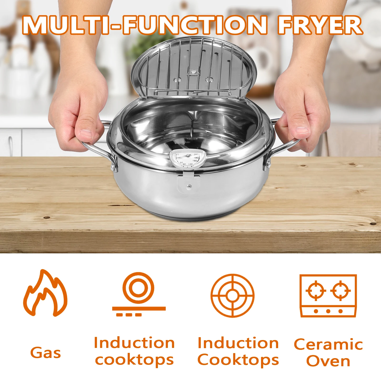 Stainless Steel Deep Fryer Pot with Strainer Basket and Thermometer