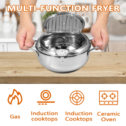 Stainless Steel Deep Fryer Pot with Strainer Basket and Thermometer