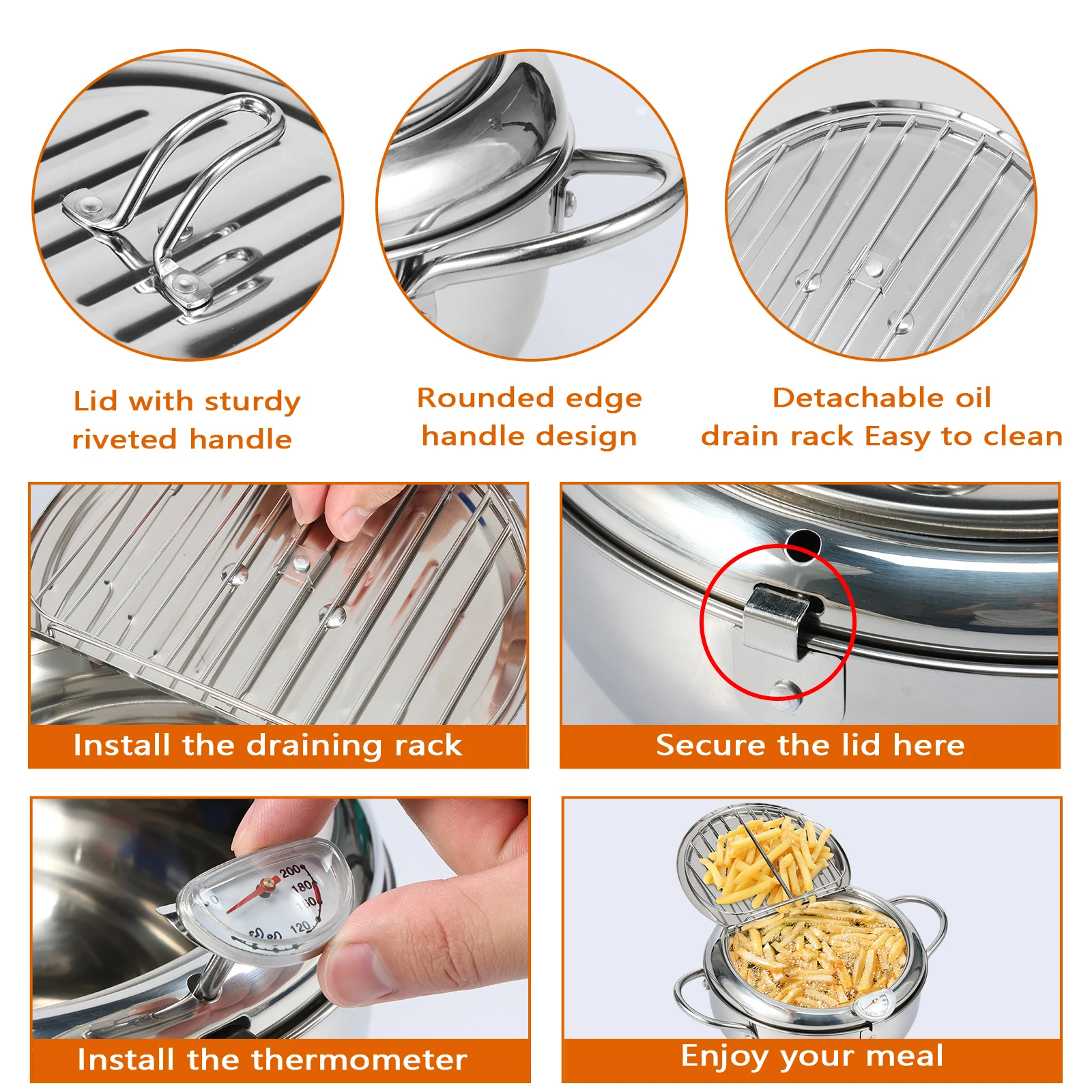 Stainless Steel Deep Fryer Pot with Strainer Basket and Thermometer