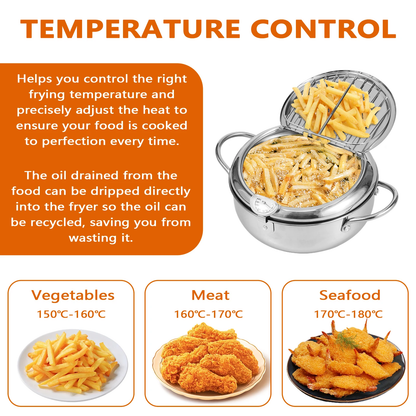 Stainless Steel Deep Fryer Pot with Strainer Basket and Thermometer