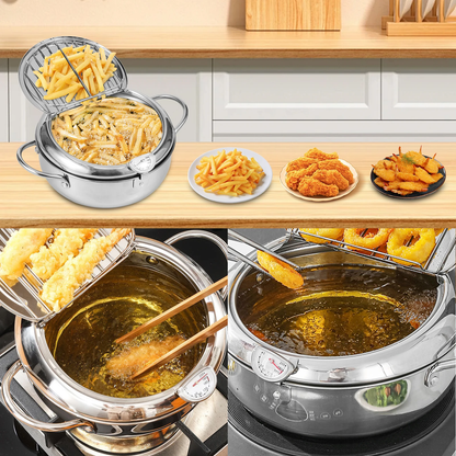 Stainless Steel Deep Fryer Pot with Strainer Basket and Thermometer