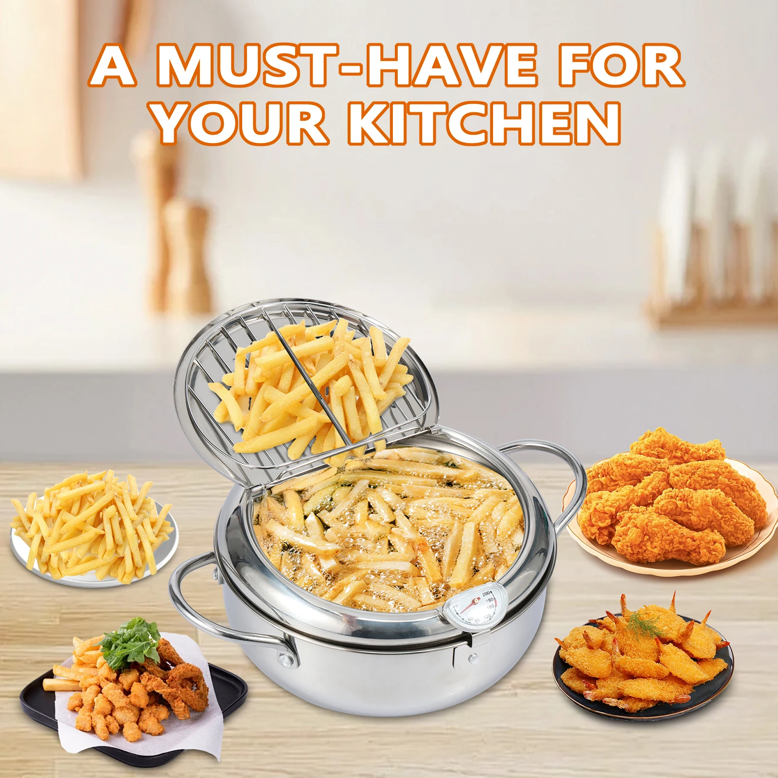 Stainless Steel Deep Fryer Pot with Strainer Basket and Thermometer