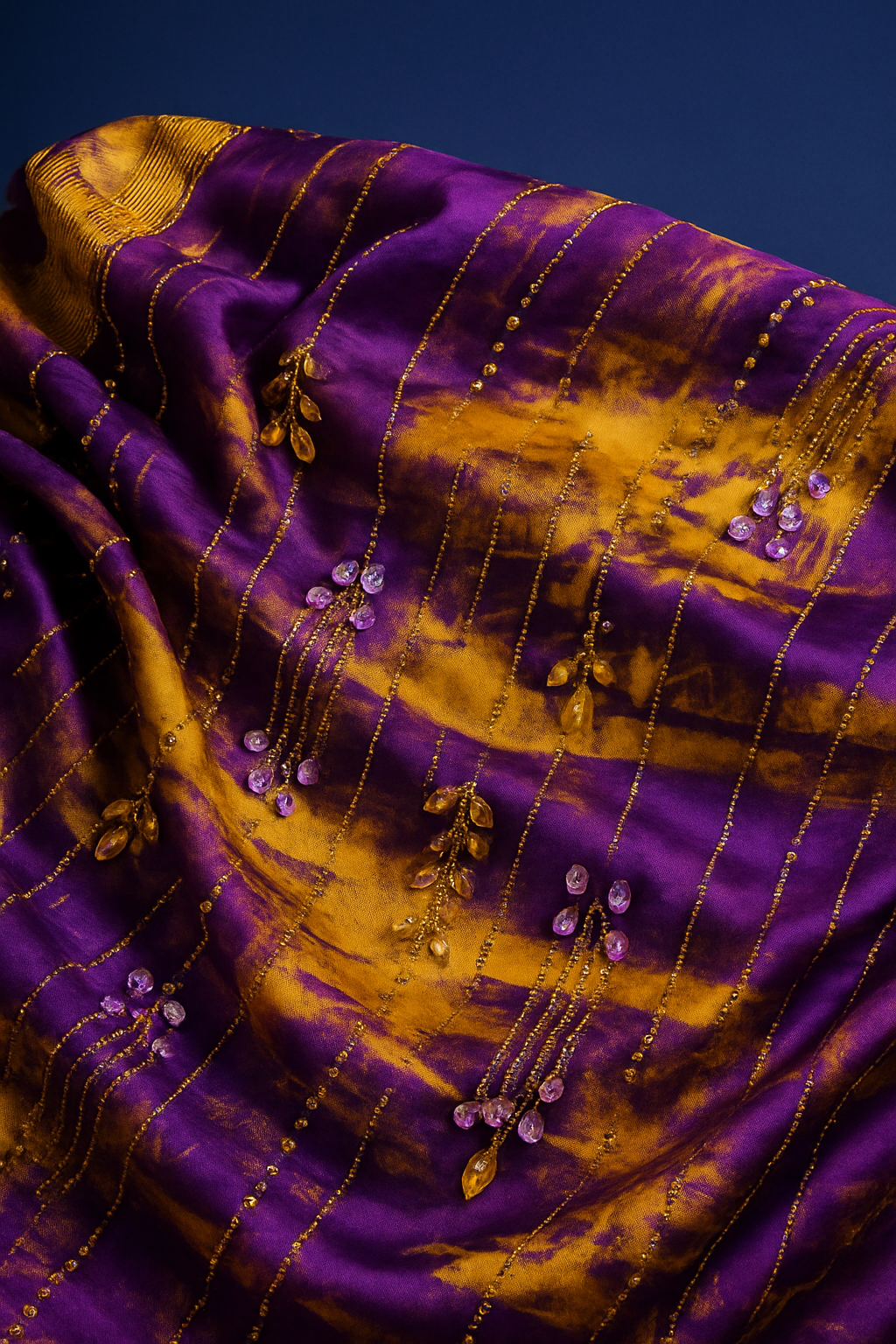 Royal Golden Plum Chiffon with Hand Embellished Gold Leaves &amp; Crystal Droplets - Mohammad collection
