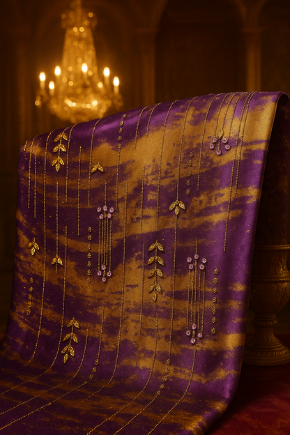 Royal Golden Plum Chiffon with Hand Embellished Gold Leaves &amp; Crystal Droplets - Mohammad collection