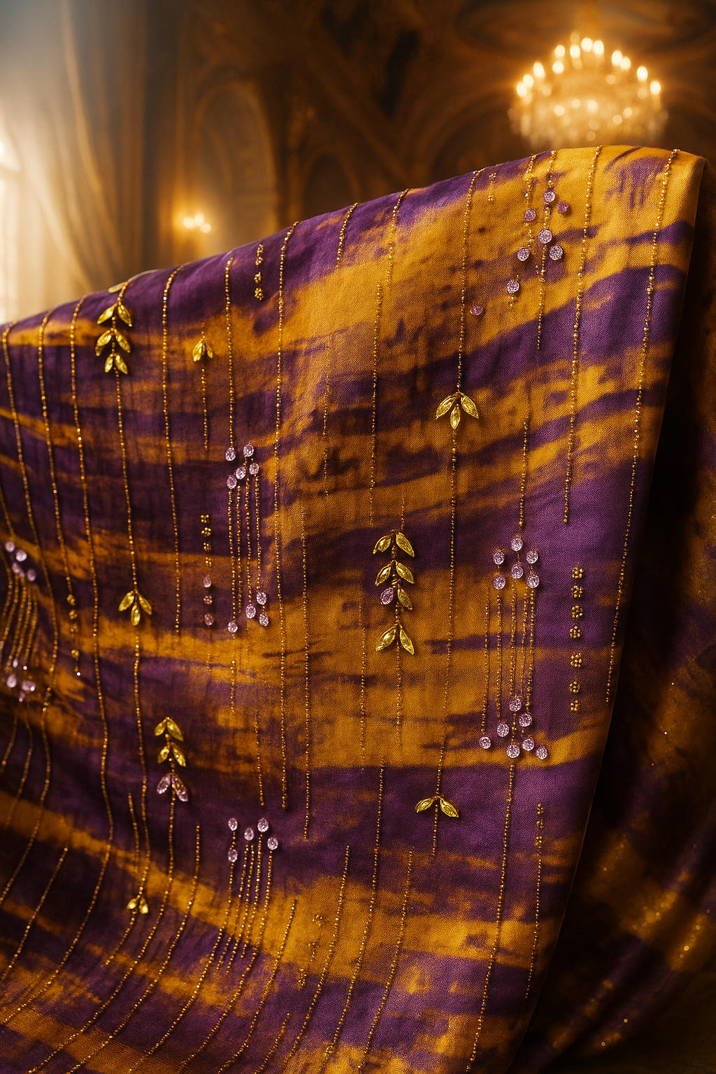 Royal Golden Plum Chiffon with Hand Embellished Gold Leaves &amp; Crystal Droplets - Mohammad collection