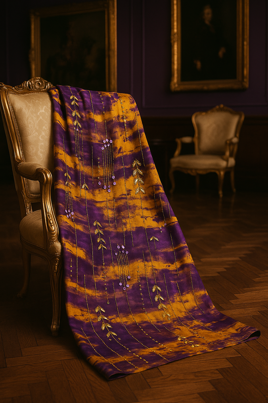 Royal Golden Plum Chiffon with Hand Embellished Gold Leaves &amp; Crystal Droplets - Mohammad collection