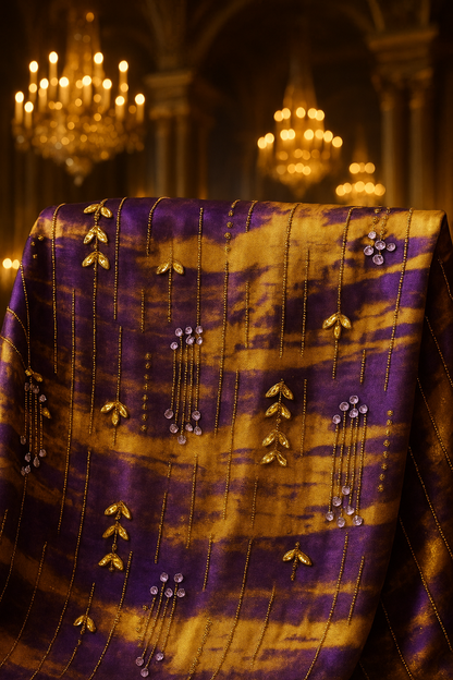 Royal Golden Plum Chiffon with Hand Embellished Gold Leaves &amp; Crystal Droplets - Mohammad collection