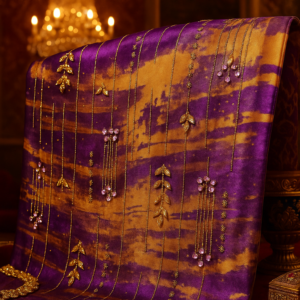 Royal Golden Plum Chiffon with Hand Embellished Gold Leaves &amp; Crystal Droplets - Mohammad collection