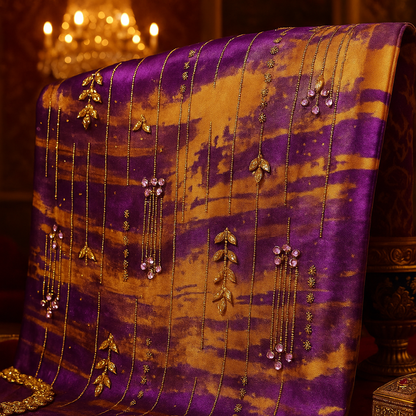 Royal Golden Plum Chiffon with Hand Embellished Gold Leaves &amp; Crystal Droplets - Mohammad collection