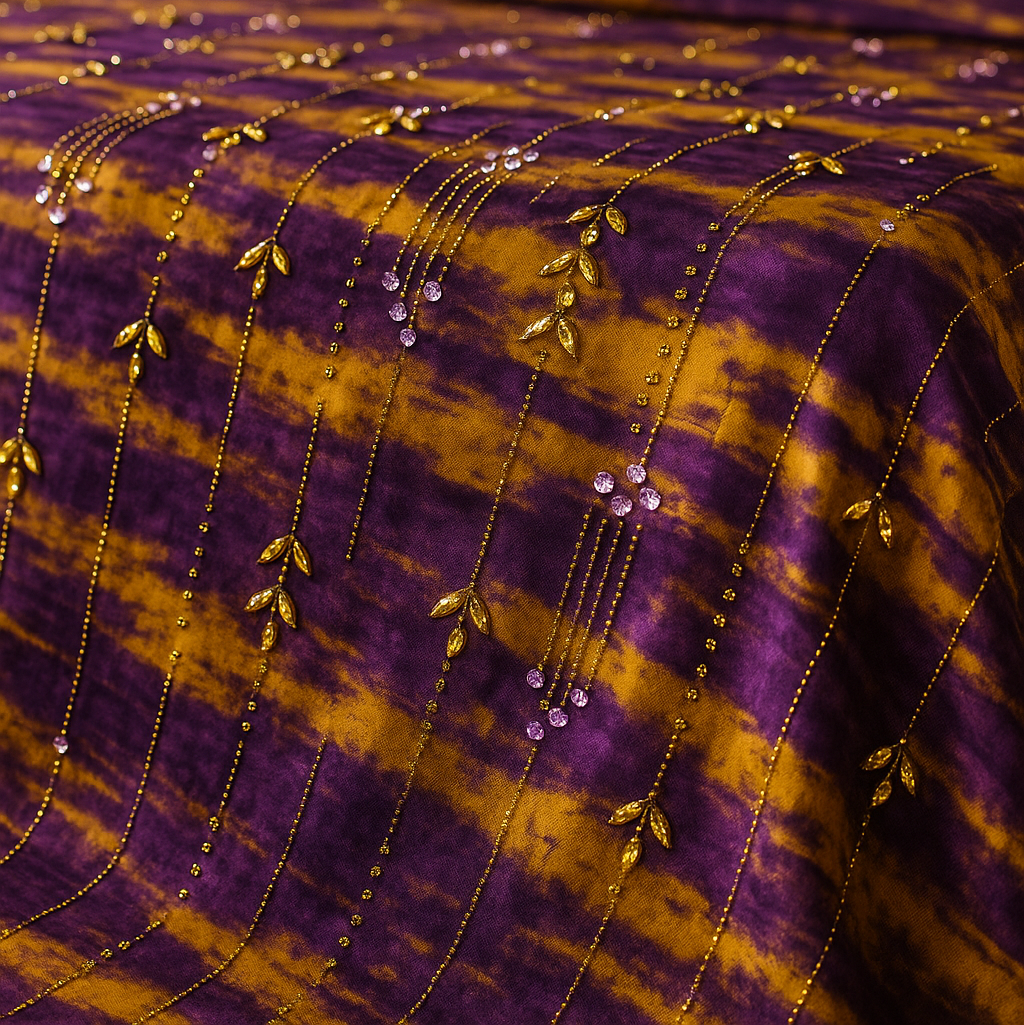 Royal Golden Plum Chiffon with Hand Embellished Gold Leaves &amp; Crystal Droplets - Mohammad collection