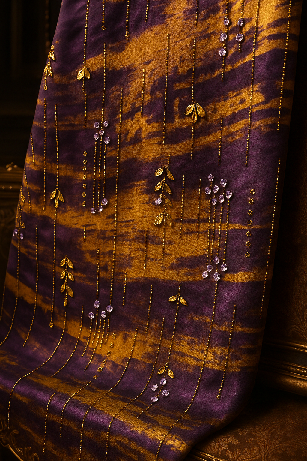 Royal Golden Plum Chiffon with Hand Embellished Gold Leaves &amp; Crystal Droplets - Mohammad collection