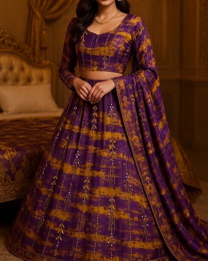 Royal Golden Plum Chiffon with Hand Embellished Gold Leaves &amp; Crystal Droplets - Mohammad collection