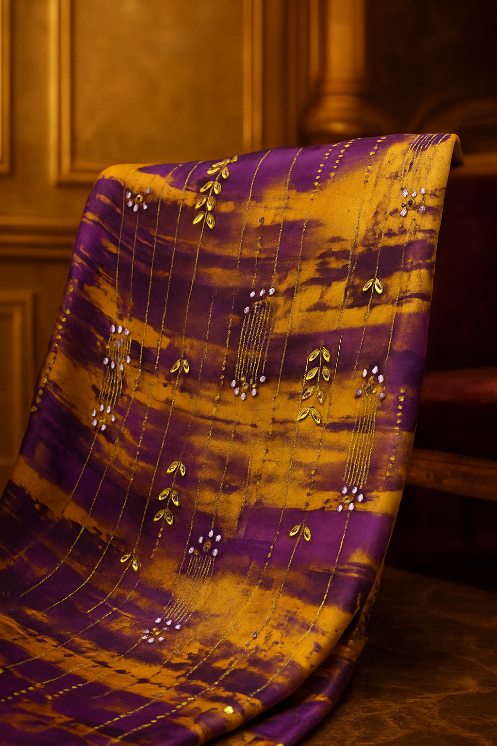 Royal Golden Plum Chiffon with Hand Embellished Gold Leaves &amp; Crystal Droplets - Mohammad collection