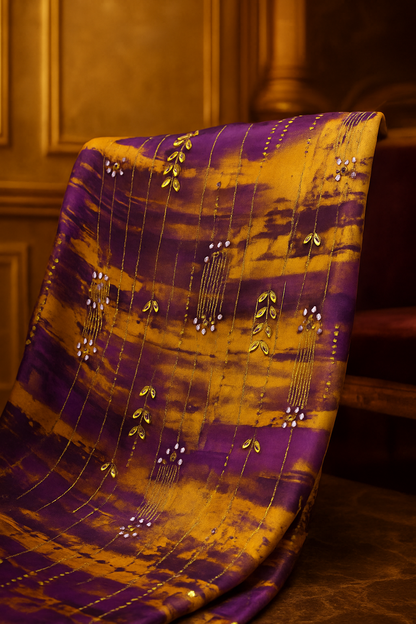 Royal Golden Plum Chiffon with Hand Embellished Gold Leaves &amp; Crystal Droplets - Mohammad collection