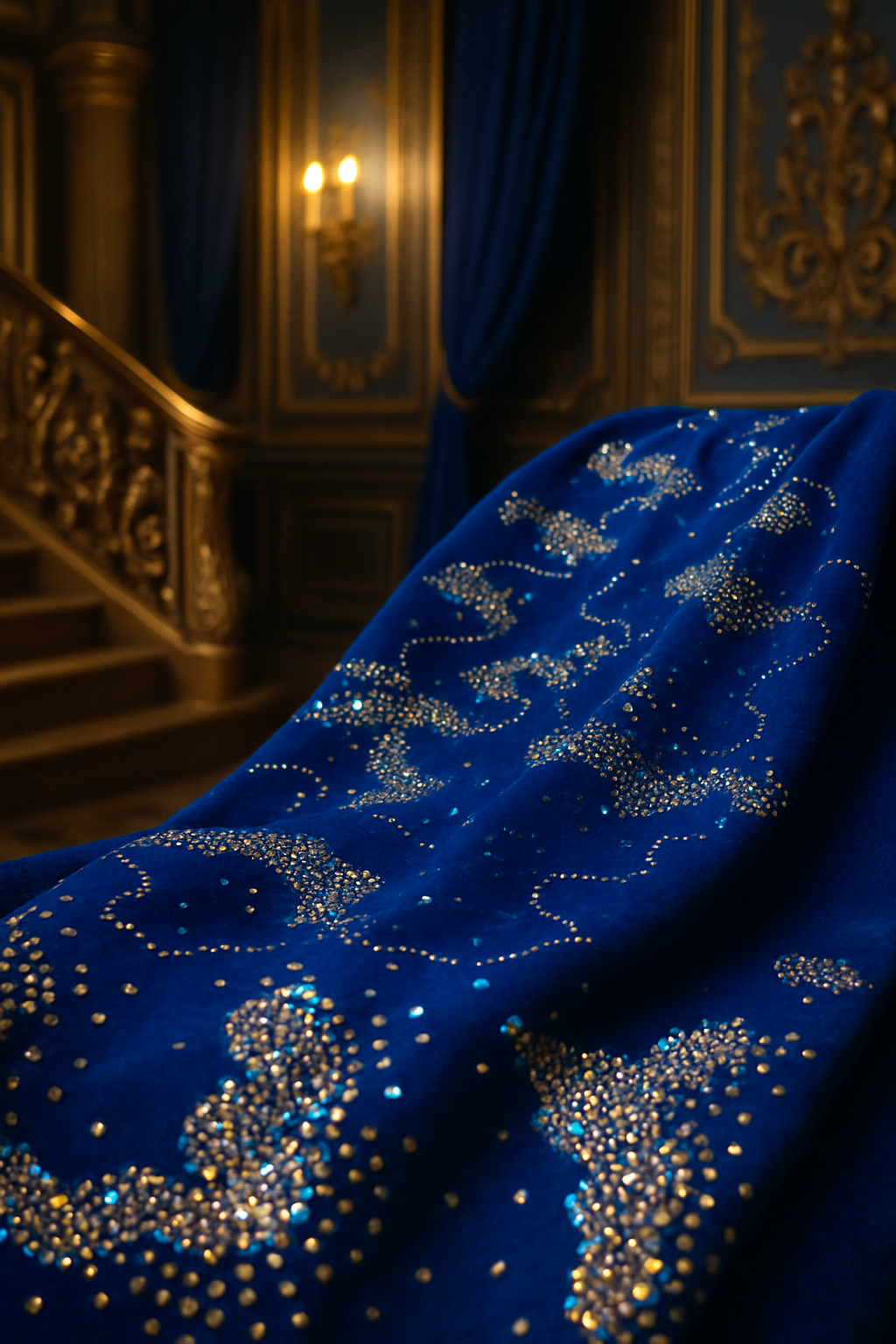 Royal Sapphire Velvet Fabric with Crystal Hand Embellishments – Luxury Collection - Mohammad collection