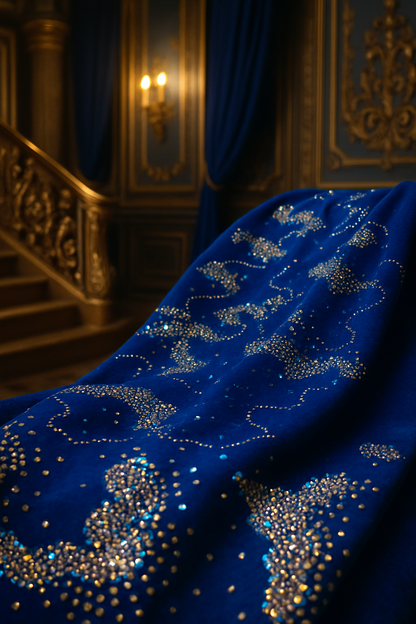 Royal Sapphire Velvet Fabric with Crystal Hand Embellishments – Luxury Collection - Mohammad collection