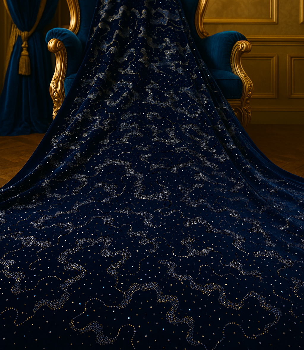 Royal Sapphire Velvet Fabric with Crystal Hand Embellishments – Luxury Collection - Mohammad collection