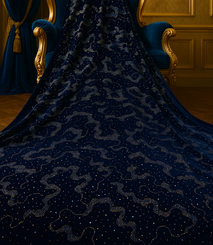 Royal Sapphire Velvet Fabric with Crystal Hand Embellishments – Luxury Collection - Mohammad collection